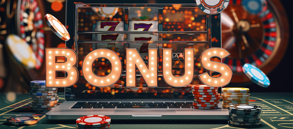 bonus kasynowy, laptop z automatami, żetony pokerowe, ruletka, jackpot 777, promocje kasynowe, darmowe spiny, gry online