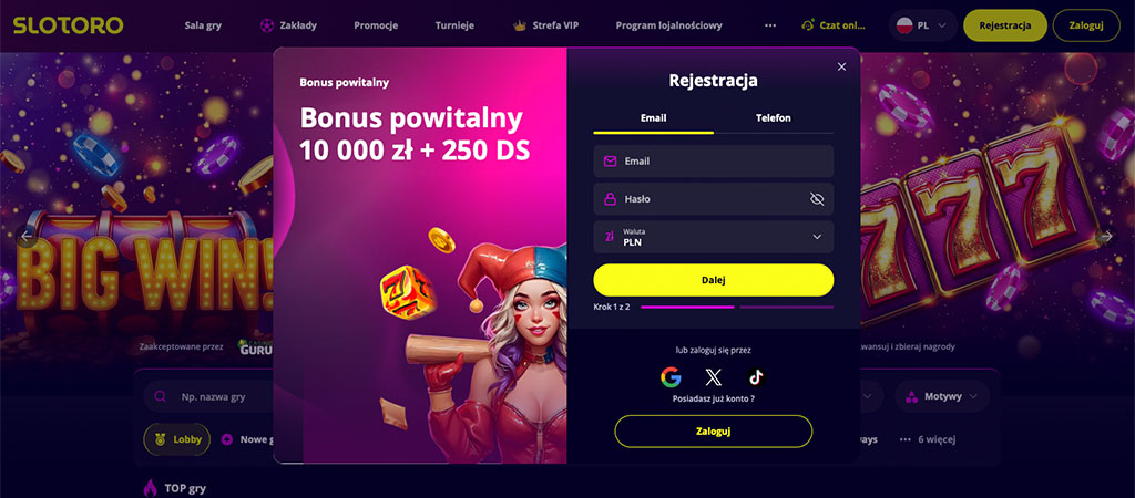 Rejestracja, Nowych Graczy, Slotoro Casino